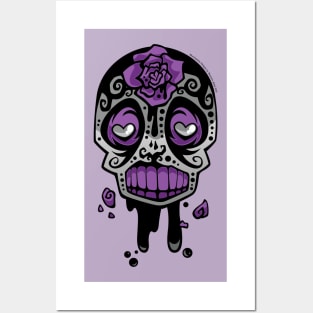 Grey and Purple Ink-Rose Skull Posters and Art